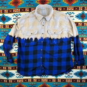 White Birch Bleach Dye Plaid Flannel Shirt Long Sleeve Button Up Top Large‎